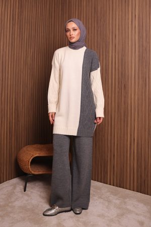 Renk Garnili Örgü Desen Triko Takım 7040