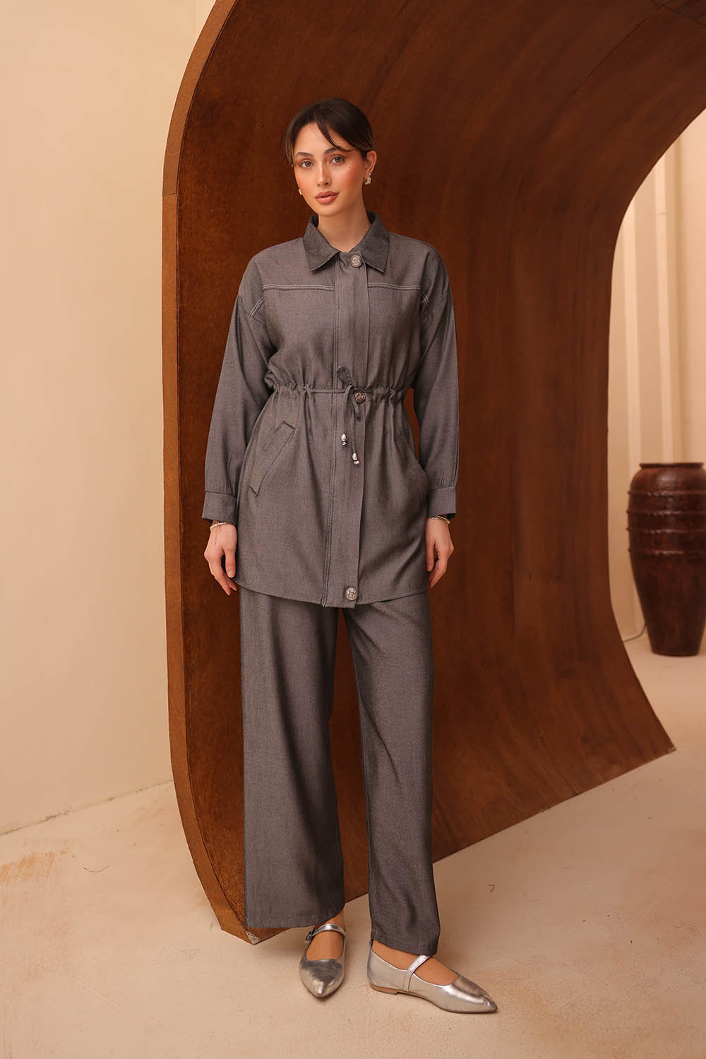 Kot Tensel Beli Büzgü Bağlamalı Takım 2706 - Görsel 12