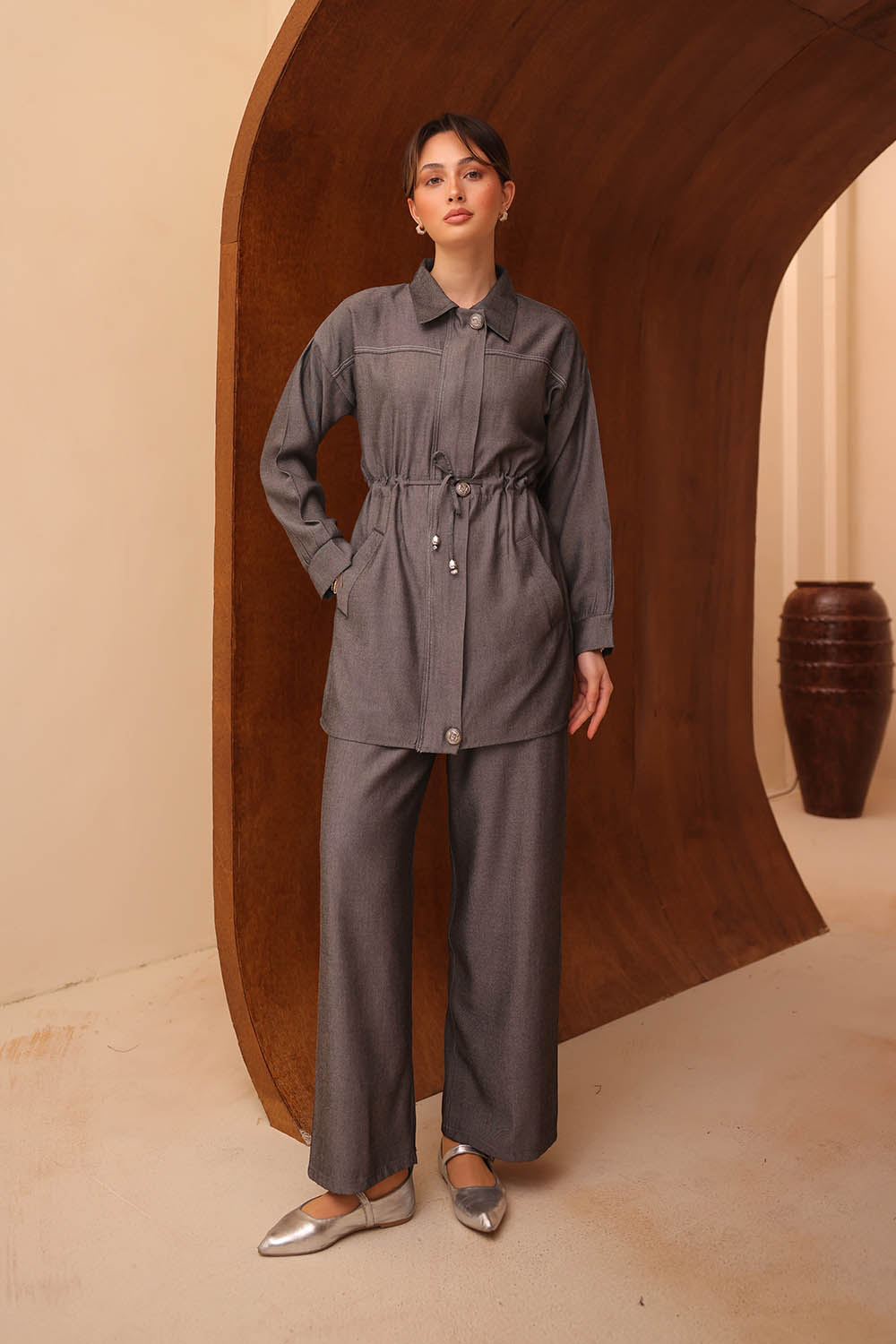 Kot Tensel Beli Büzgü Bağlamalı Takım 2706 - Görsel 13