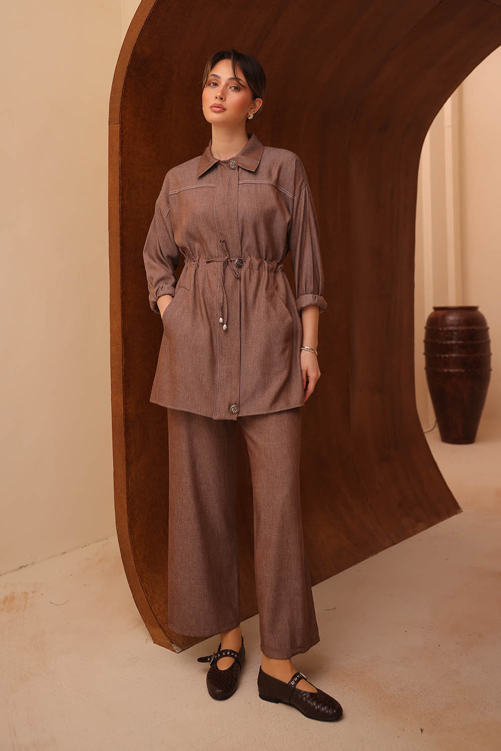 Kot Tensel Beli Büzgü Bağlamalı Takım 2706 - Görsel 3